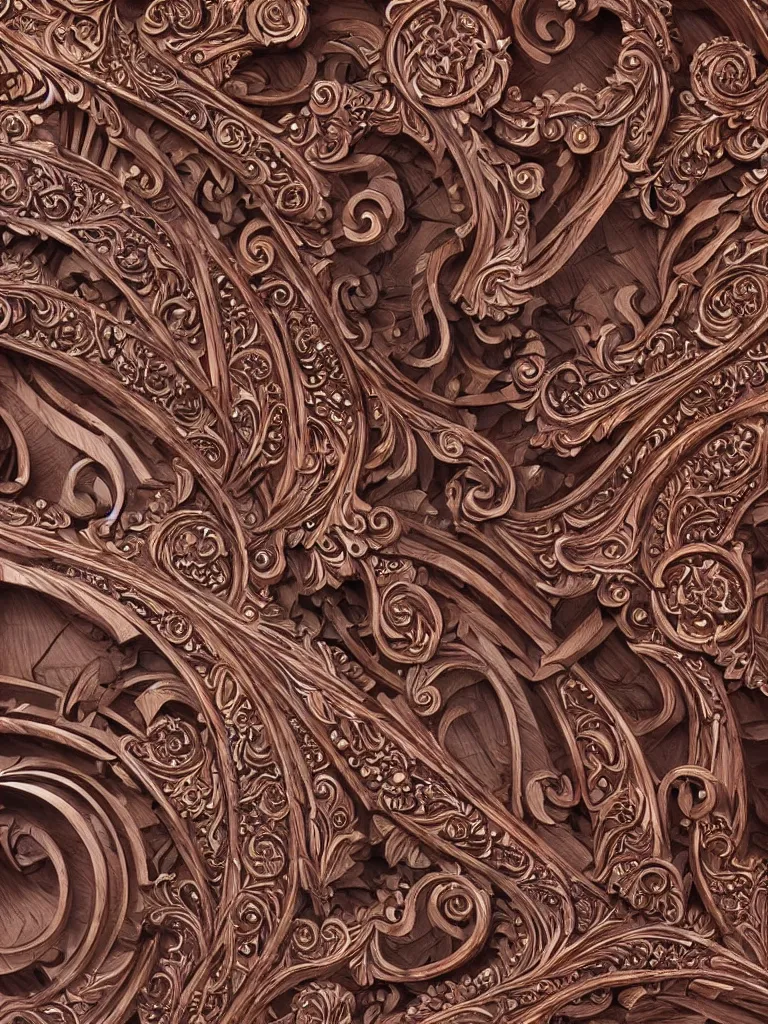 Image similar to wood carving in mahogany of an intricate design pattern of revolvers and rifles, biomechanical fluid, dramatic lighting, hyperrealistic, ultrarealistic, intricate details, 4k, unreal 5, digital art