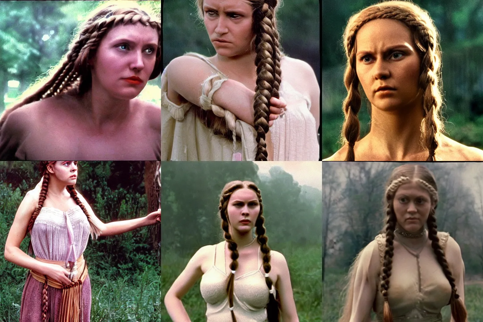 Prompt: too realistic film prop of the ethereal upper body of a half giant half Latvian woman with braids, 1973 cinematography