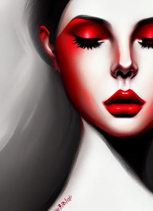 Image similar to portrait of female, red lips, dark hair, intricate, elegant, highly detailed, digital painting, artstation, concept art, smooth, sharp focus, illustration