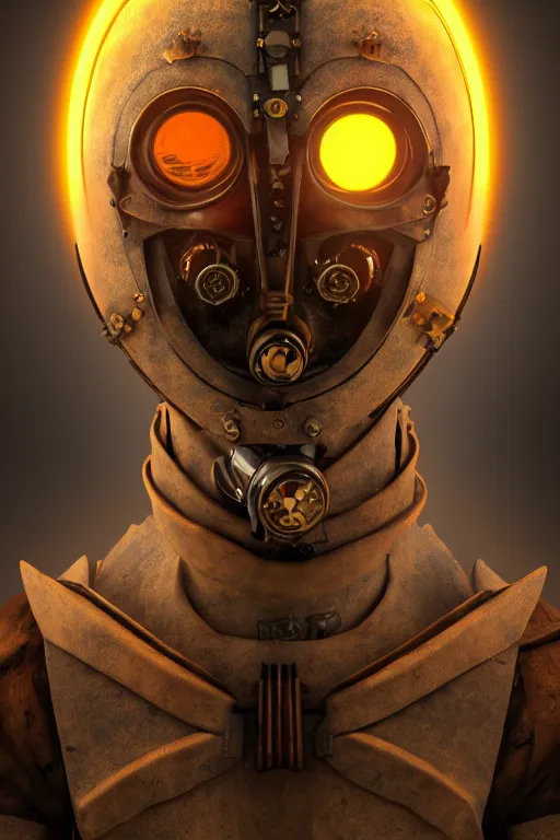 Image similar to steampunk mask minimalist fantasy art robot ninja helmet, global illumination ray tracing hdr fanart arstation by sung choi and eric pfeiffer and gabriel garza and casper konefal radiating a glowing aura