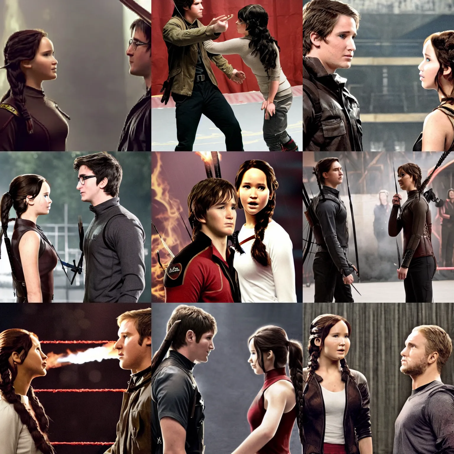 Prompt: Katniss Everdeen and Harry Potter facing each other in a wrestling ring