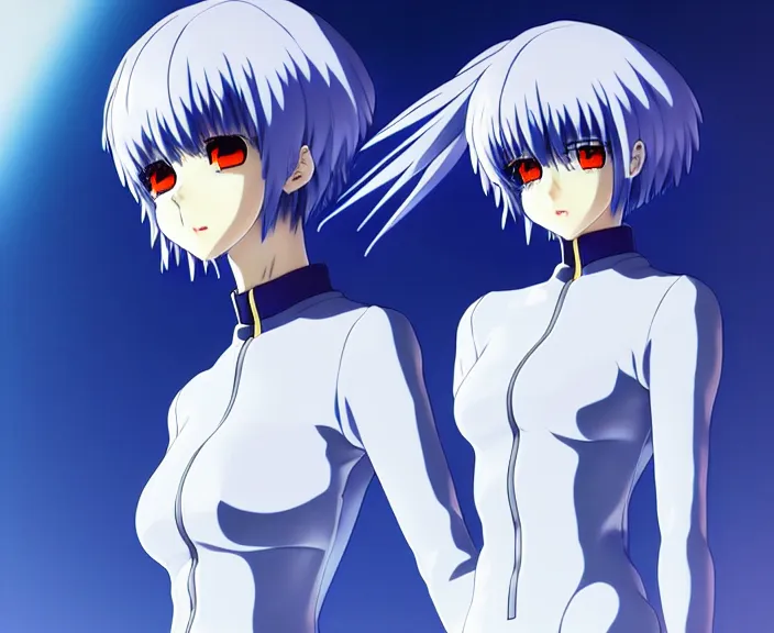 Image similar to anime art, fullbody shot of female rei ayanami, evangelion, long blue hair and large eyes, finely detailed perfect face, in a pale skintight plugsuit, sitting on rooftop, flooded city, trending on pixiv fanbox, by ilya kuvshinov, sola digital arts,, raytracing