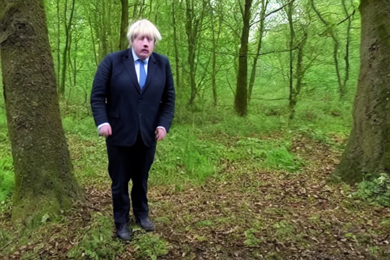 Image similar to derpy boris johnson staring at you from behind a tree in the forest, trailcam footage