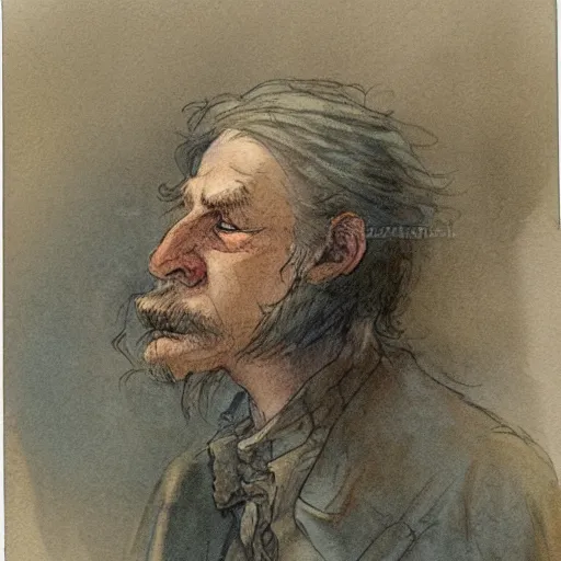 Image similar to portrait of a character standing and facing front looking strait ahead with a muted color watercolor sketch of story book character ifrom the book Baltimore & Redingote by Jean-Baptiste Monge of an old man in the style of by Jean-Baptiste Monge that looks like its by Jean-Baptiste Monge and refencing Jean-Baptiste Monge