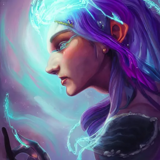 Prompt: high quality fantasy painting of a half-elf sorceress, she has purple hair, 35 years old, magical chaotic lights dance around her, dark and ominous background