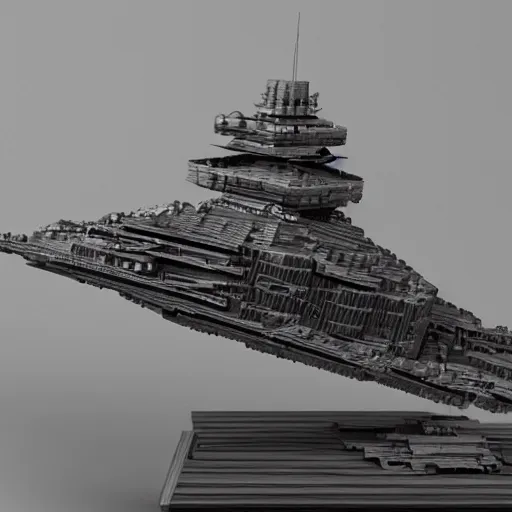 Prompt: a model of a star destroyer on a wooden stand, an ambient occlusion render by piranesi, trending on cg society, kinetic art, greeble, high detailed, voxel art