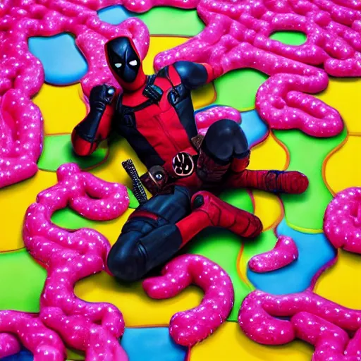 Image similar to deadpool in candyland, 8 k photography