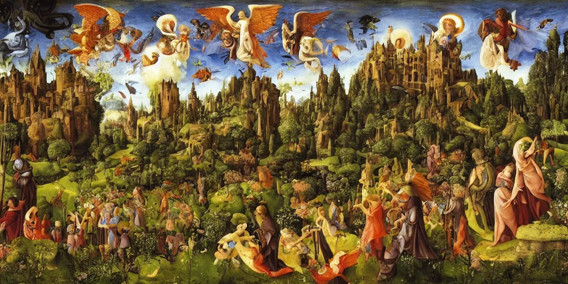 Prompt: a garden of a medieval castle, ethereal angels descending from heaven, epic, lush, fantasy art, renaissance art, neorenaissance, classical art, by hugo simberg, by by albrecht altdorfer, by by paul lehr