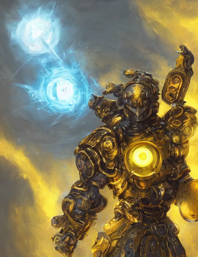 Prompt: full body, attack position abstract painting in lush fantasy environment of a ornate holy mechanical warforged with circular glowing eye, character in yellow armor holding a legendary paladin engraved holy great longsword and carrying a huge heavy paladin shield, vertically flat head, face in focus, epic , trending on ArtStation, masterpiece, cinematic lighting, by Ross Tran and by Greg Rutkowski and by Christopher Balaskas