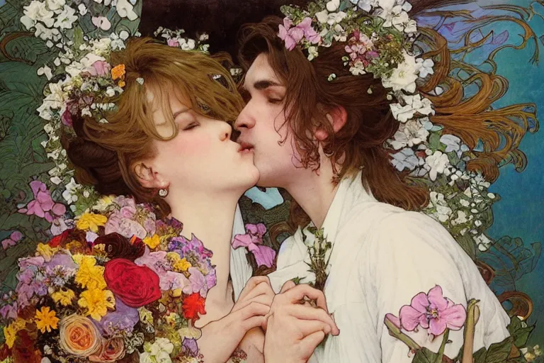 Image similar to the groom kisses the bride at a wedding full of flowers, bright and happy, dreamlike art, highly detail, 4 k realistic, wedding photoy krenz cushart. artem demura. alphonse mucha. yoji shinkawa artgerm. jon lothian. danilo torres. adi meyers. thomas reimann. gaston bussiere.