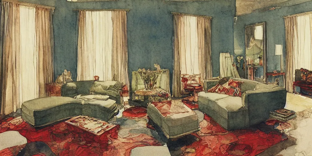 Prompt: a hiper intricate watercolor of a beauty modern living room, reflexions, smooth, by william turner art, by greg rutowski by edmund dulac, by