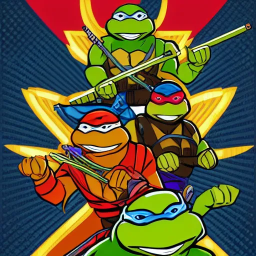 Image similar to ninja turtles mucha style poster art, clean, vector