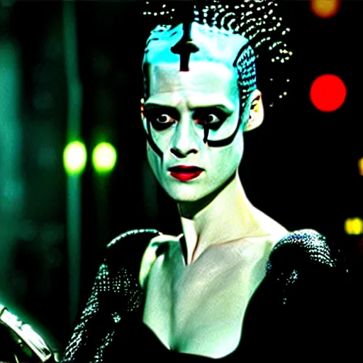 Image similar to cinematic portrait of kristen mcmenamy as bride of frankenstein as a replicant in a busy nightclub, surprised, still from the movie bladerunner, fashion photography, a sign is in the background, 8 k, high detail, face in focus