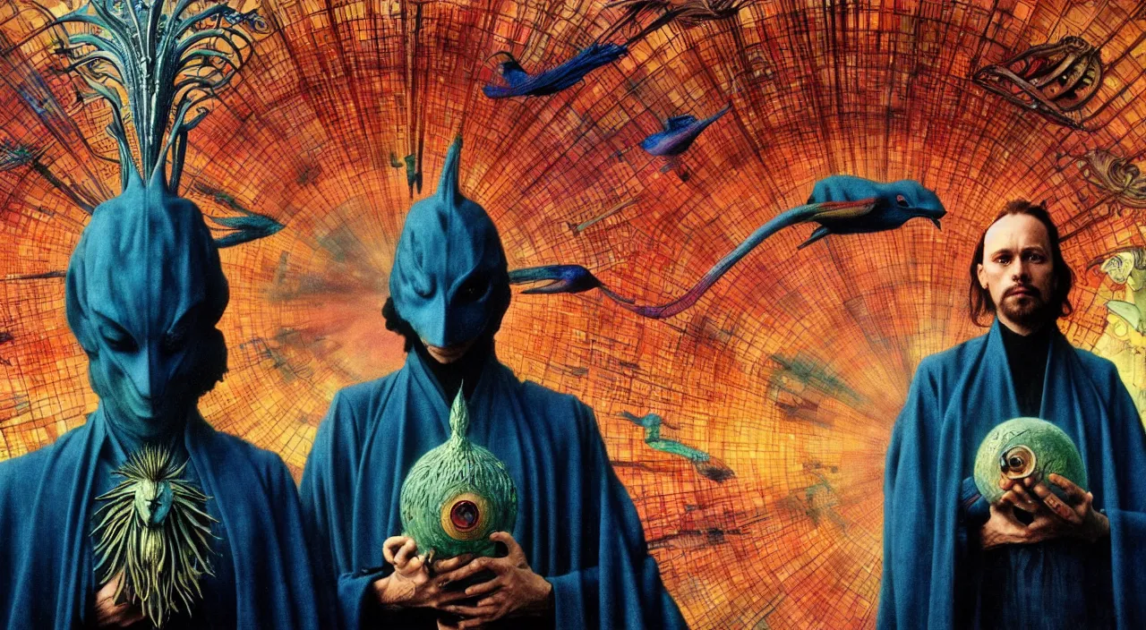 Image similar to realistic detailed portrait movie shot of a birdman wearing dark robes, sci fi city landscape background by denis villeneuve, amano, yves tanguy, alphonse mucha, ernst haeckel, max ernst, roger dean, masterpiece, rich moody colours, blue eyes, occult