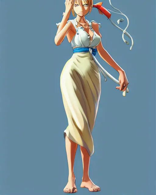 Image similar to a southern woman as nami from one piece, simple cream dress, detailed perfect face, mid view, by artgerm, by studio muti, greg rutkowski makoto shinkai takashi takeuchi studio ghibli