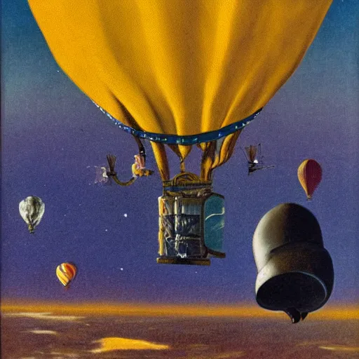 Image similar to astronaut arriving a different planet on a hot air ballon, by francis bacon