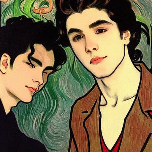 Image similar to painting of young cute handsome beautiful dark medium wavy hair man in his 2 0 s named shadow taehyung and cute handsome beautiful min - jun together at the halloween! party, bubbling cauldron!, candles!, smoke, autumn! colors, elegant, wearing suits!, clothes!, delicate facial features, art by alphonse mucha, vincent van gogh, egon schiele