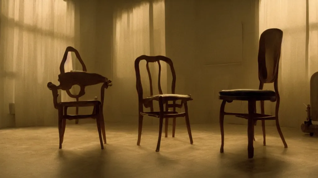 Prompt: glowing oil, in the shape of a chair, film still from the movie directed by denis villeneuve and david cronenberg with art direction by salvador dali and dr. seuss