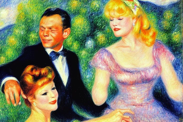 Image similar to frank sinatra and peggy lee singing at the hollywood bowl, by renoir and margaret keene and monet,