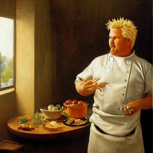 Image similar to Guy Fieri in a modern restaurant kitchen, painting by Pierre Auguste Cot, dramatic lighting, at night