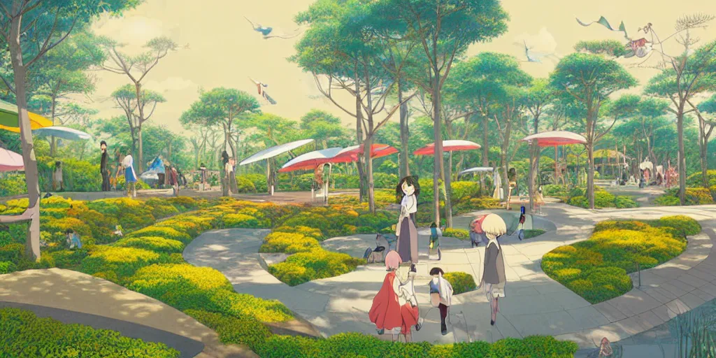 Prompt: a modern park, natural lighting, playful color scheme, intricate details, matte painting, illustration, by hayao miyazaki