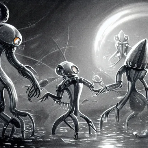 Image similar to concept art of a cyberpunk insectoid underwater alien and its minions, 1 9 4 0 s weapons