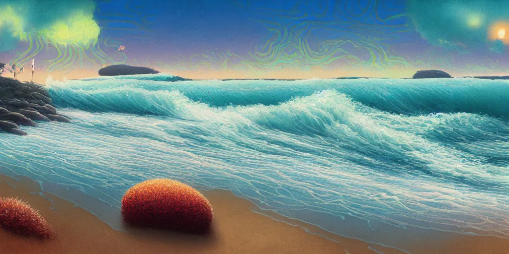 Prompt: a digital painting of an australian beach, by simon stalenhag, waves, light and shadow, overlaid with aizome patterns, shin - hanga by thomas kinkade and bob ross, traditional japanese colors, superior quality, masterpiece, featured, trending, award winning, hdr, hd, uhd, 4 k, 8 k, anamorphic widescreen