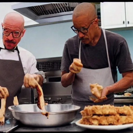 Prompt: Walter White and Gus Fring cooking chicken together