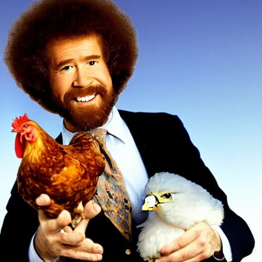 Image similar to bob ross holding a chicken on mars,