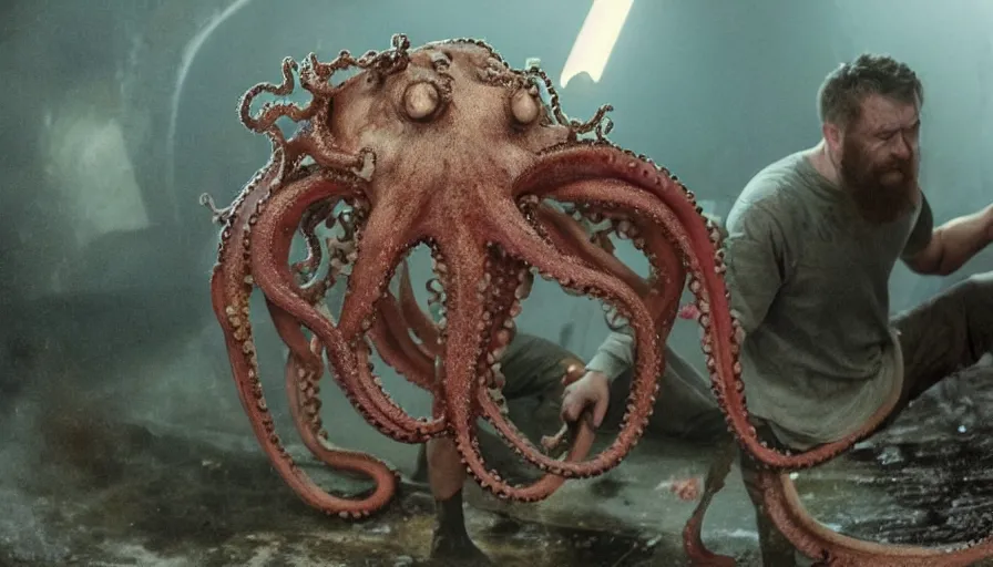 Prompt: big budget horror movie scene where an octopus explodes out of a man\'s head