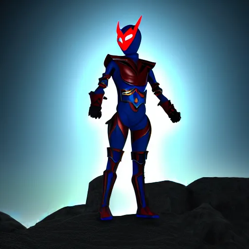 Image similar to High Fantasy Kamen Rider standing in a rock quarry, single character full body, 4k, glowing eyes, daytime, rubber suit, dark blue armor, segmented armor, centered