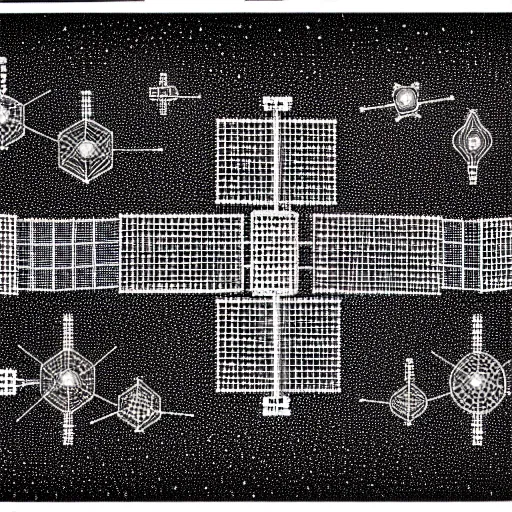 Image similar to a black and white drawing of a geometric lattice international space station made of chrome and filled with equipment, a microscopic photo by ernst haeckel, zbrush central, kinetic pointillism, intricate patterns, biolumiescence, photoillustration