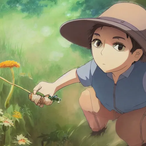 Image similar to friendly guy and small creature , with Fragile looking character portrait face and small made in Ghibli art ,highly detailed art, beautiful scene, sharp focus, smooth, 8k, anime art,