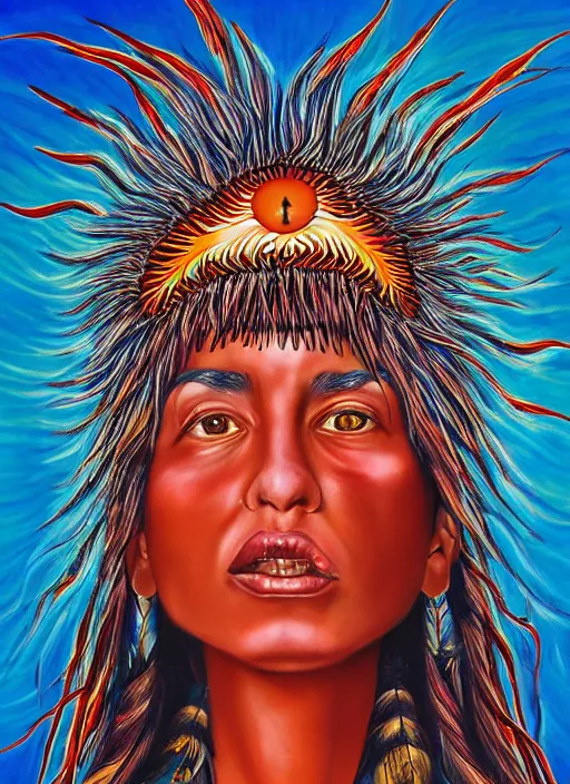 Prompt: a realistic portrait of a beautiful indigenous woman blending with the sun, exploding in energy, art by alex gray