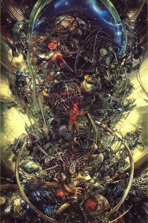 Prompt: the miracle of life, surrounded by giant beetles, inside a brutalist space ship by ayami kojima, amano, karol bak, greg hildebrandt, and mark brooks, hauntingly surreal, gothic, rich deep colors.