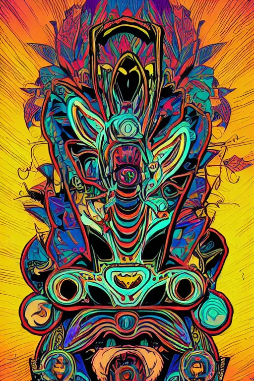 Image similar to animal mask totem roots flower tribal feather gemstone plant wood rock shaman vodoo video game vector cutout illustration vivid multicolor borderlands comics by josan gonzales and dan mumford radiating a glowing aura