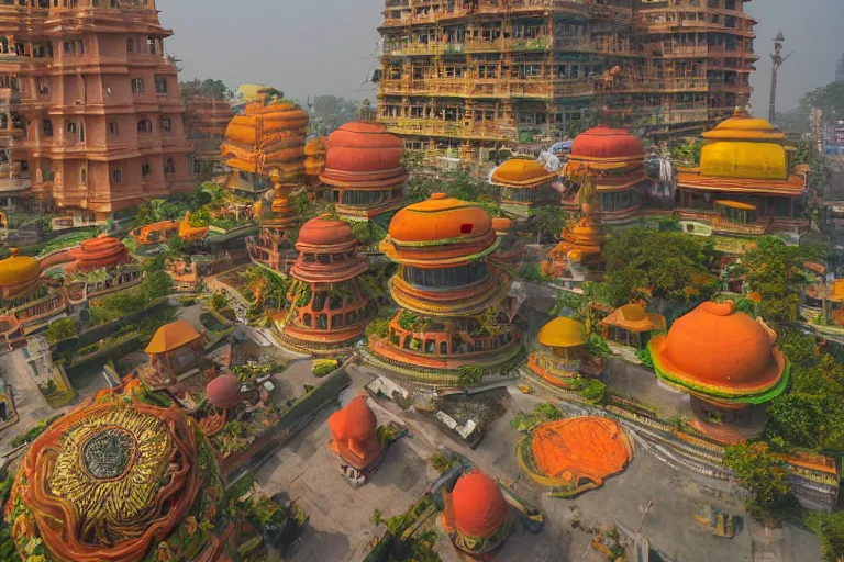 Image similar to high quality dreamscape! biomorphic new delhi, hanuman!! head building, kalighat, octane highly detailed, cinematic smooth, stephen shore & john j. park, soft morning light, wide shot, high angle, uhd 8 k, deep focus