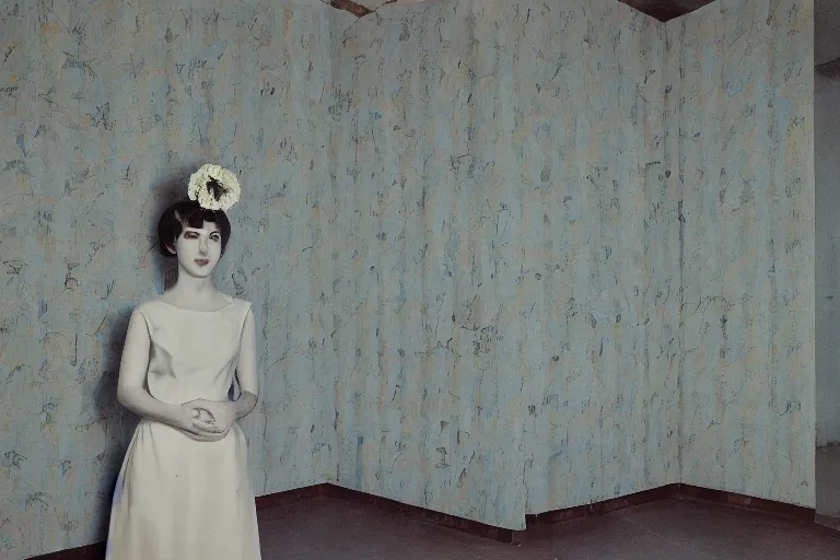Image similar to giant flower head, girl standing in 1 9 6 0 s hotel, surreal photography, symmetry, mid century, liminal space, detailed, wes anderson