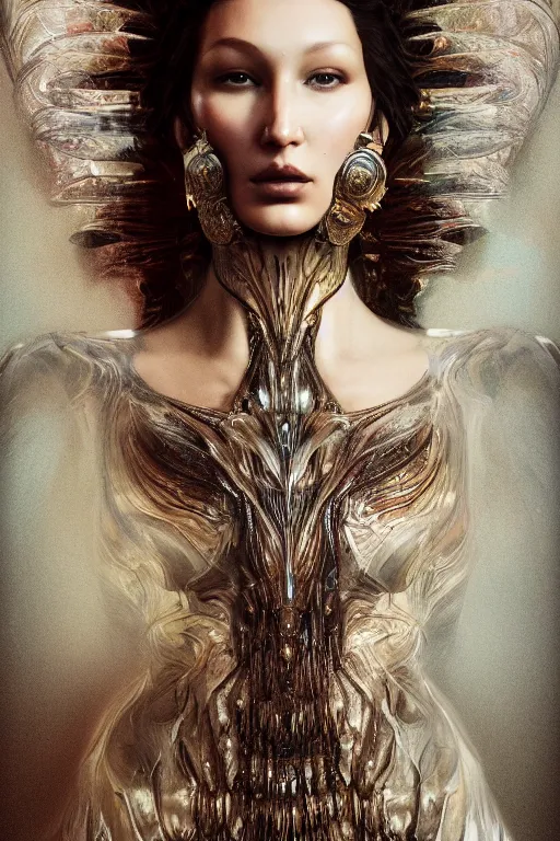 Image similar to a realistic moody portrait photo of a beautiful ancient alien woman goddess bella hadid standing in iris van herpen dress jewelery and fractals in style of alphonse mucha art nuvo dmt trending on artstation made in unreal engine 4