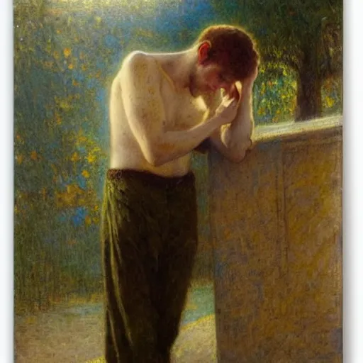 Image similar to young man head in hands against bright background, oil painting, gaston bussiere, mucha, gerome,