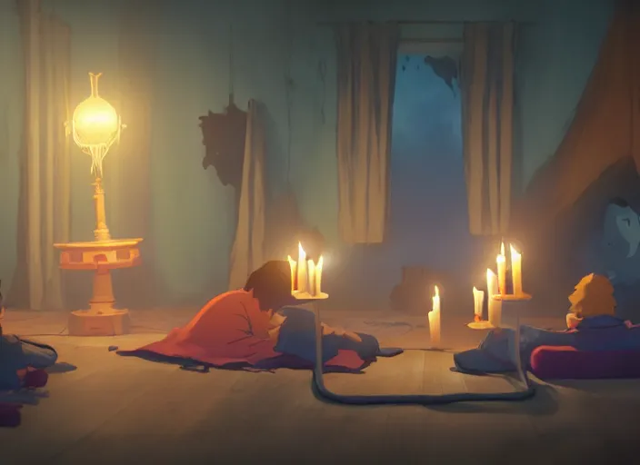 Prompt: a night scary sleepover, being lit by candles, medium shot, studio ghibli, pixar and disney animation, sharp, rendered in unreal engine 5, anime key art by greg rutkowski, bloom, dramatic lighting