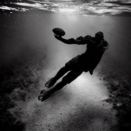 Prompt: Underwater photo of a football player by Trent Parke, clean, detailed, Magnum photos