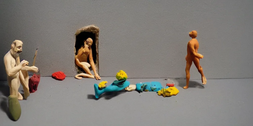 Prompt: plasticine sculpture stop motion. salvador dali clay models. gallery. paintings of flowers. figures clay. minimal. tilt shift. fish tank. visitors. photorealistic. john craxton. room with small hole in wall