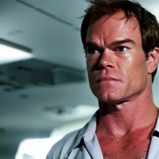 Prompt: dexter morgan as a t - 8 0 0 iconic terminator action movie still