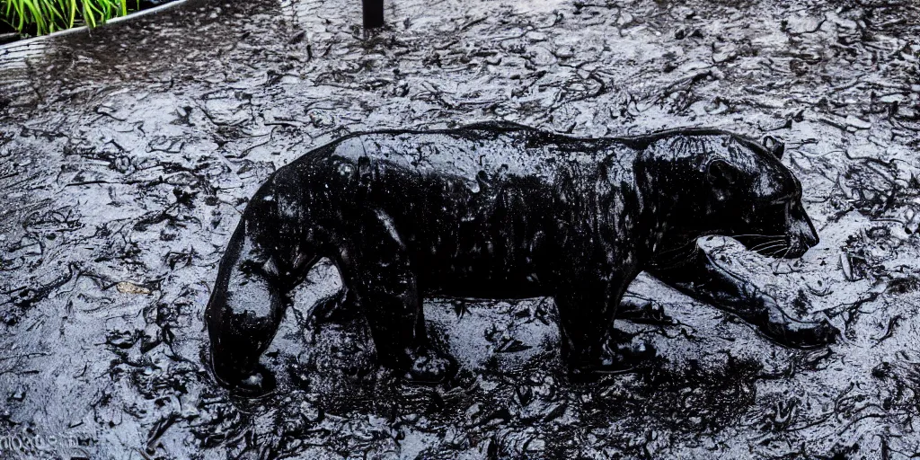 Image similar to the smooth black jaguar, made of smooth black goo, bathing in the tar moat in the zoo exhibit, viscous, sticky, full of tar, covered with black goo, splattered tar, dripping tar, dripping goo, splattered goo, sticky tar. photography, dslr, reflections, black goo, zoo, exhibit