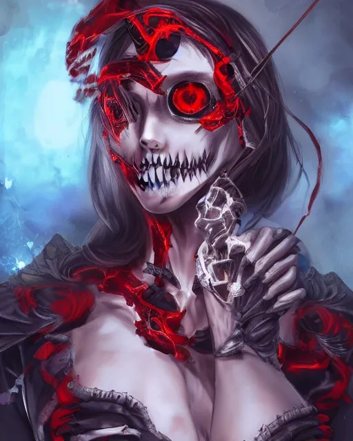 Image similar to A realistic anime portrait of a beautiful skeleton woman with glowing red eyes wearing clothes made of skulls, digital painting, by Stanley Artgerm Lau, Sakimichan, WLOP and Rossdraws, digtial painting, trending on ArtStation, SFW version