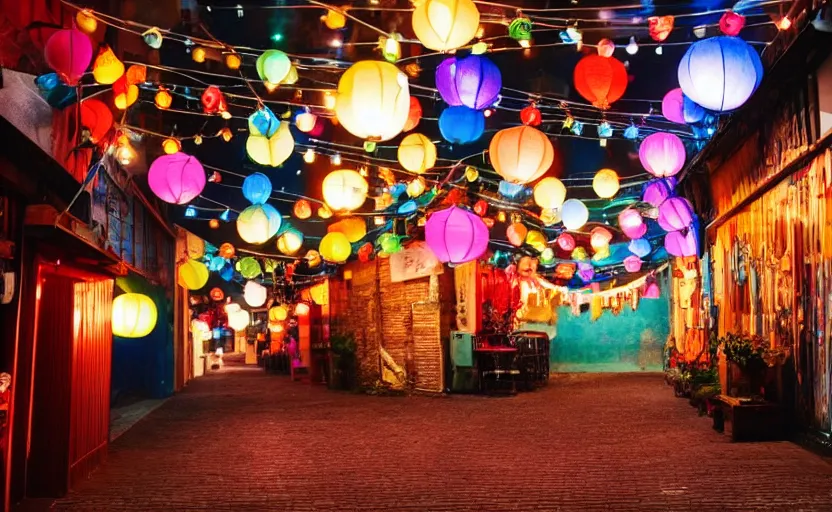 Image similar to mini cafe diorama macro photography, alleyway, ambient, colorful paper lanterns, string lights, romantic