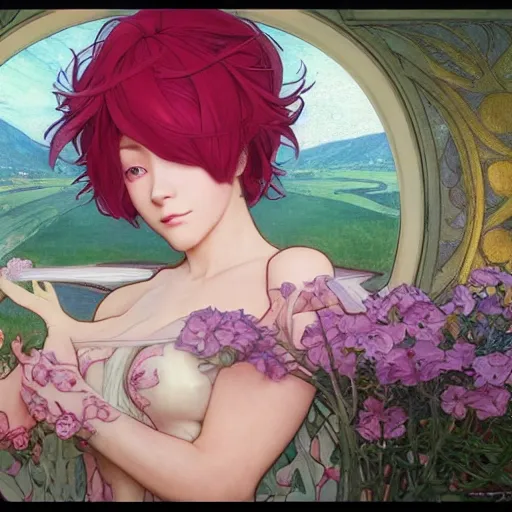 Image similar to VI from League of Legends with short pink hair drawn by Donato Giancola and Makoto Shinkai, Edmund Leighton, Alphonse Mucha, background by James Jean and Gustav Klimt, 4k, Arcane animated Series, porcelain skin, volumetric lighting, komorebi, french nouveau, trending on artstation, octane render, hyperrealistic