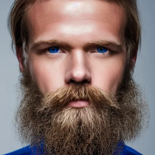 Image similar to close up of face of 4 0 year old anglo slavic blond man with a trimmed blond beard, short wavy blond hair, sapphire blue eyes, portrait, 4 k