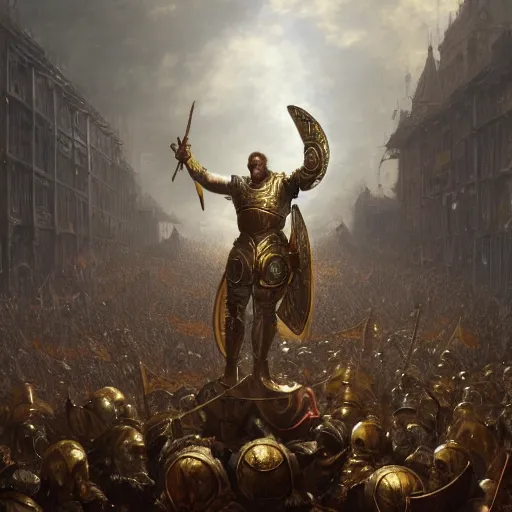 Image similar to artstation concept of a man in armor standing in a crowd gettig cheered, man with arms wide open, bright colorful, gold, hyperdetailed, artstation trending, world renowned artists, worth 1 0 0 0. com, historic artworks society, antique renewel, cgsociety, by greg rutkowski, by gustave dore, deviantart